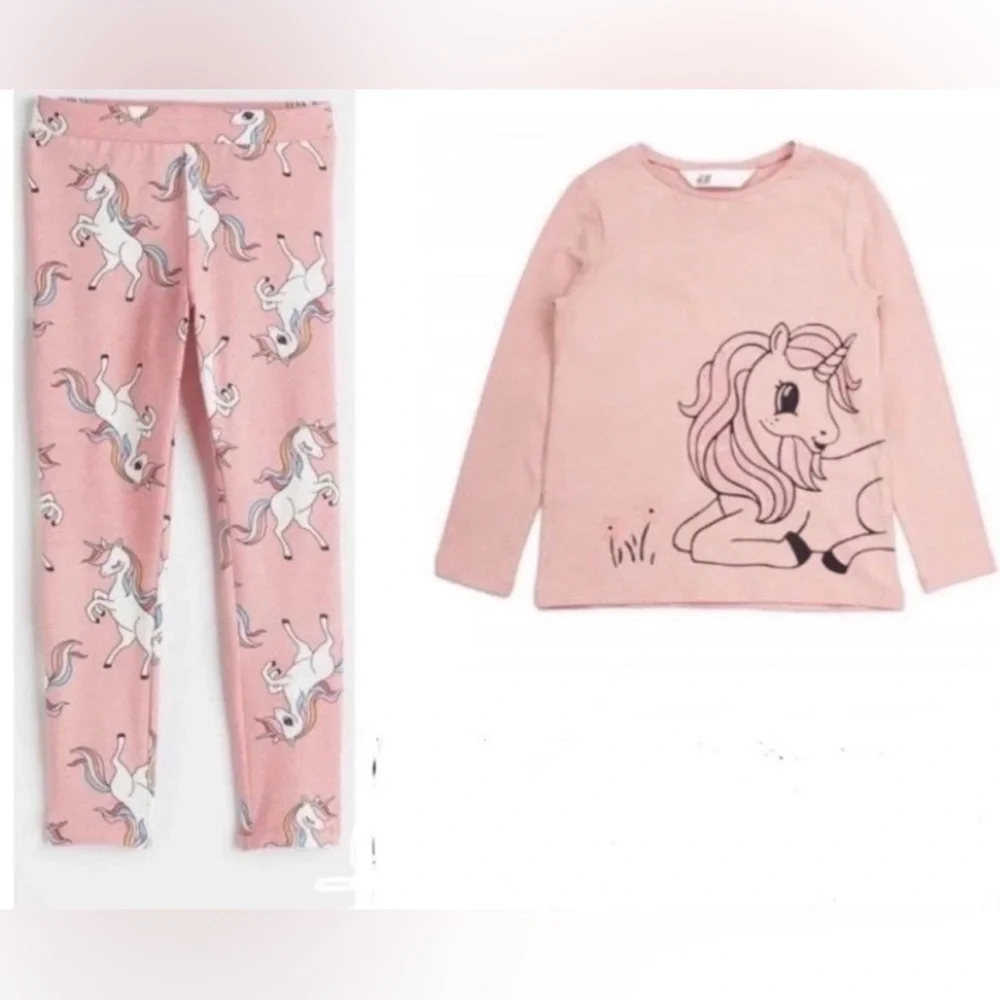 H&M Girls Size 6-7 Unicorn Pink Long Sleeve Shirt & Leggings Set